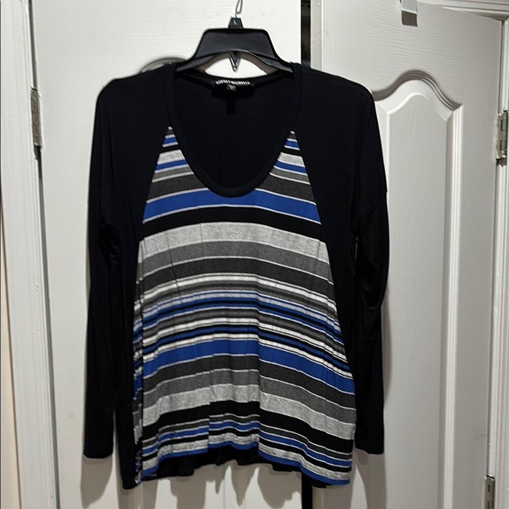 Robert Michaels L black grey blue  Striped Long Sleeve Top super soft scoop neck